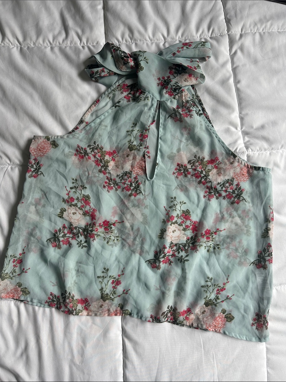 Forever 21 Light Aqua Floral Tie-Neck Halter Top